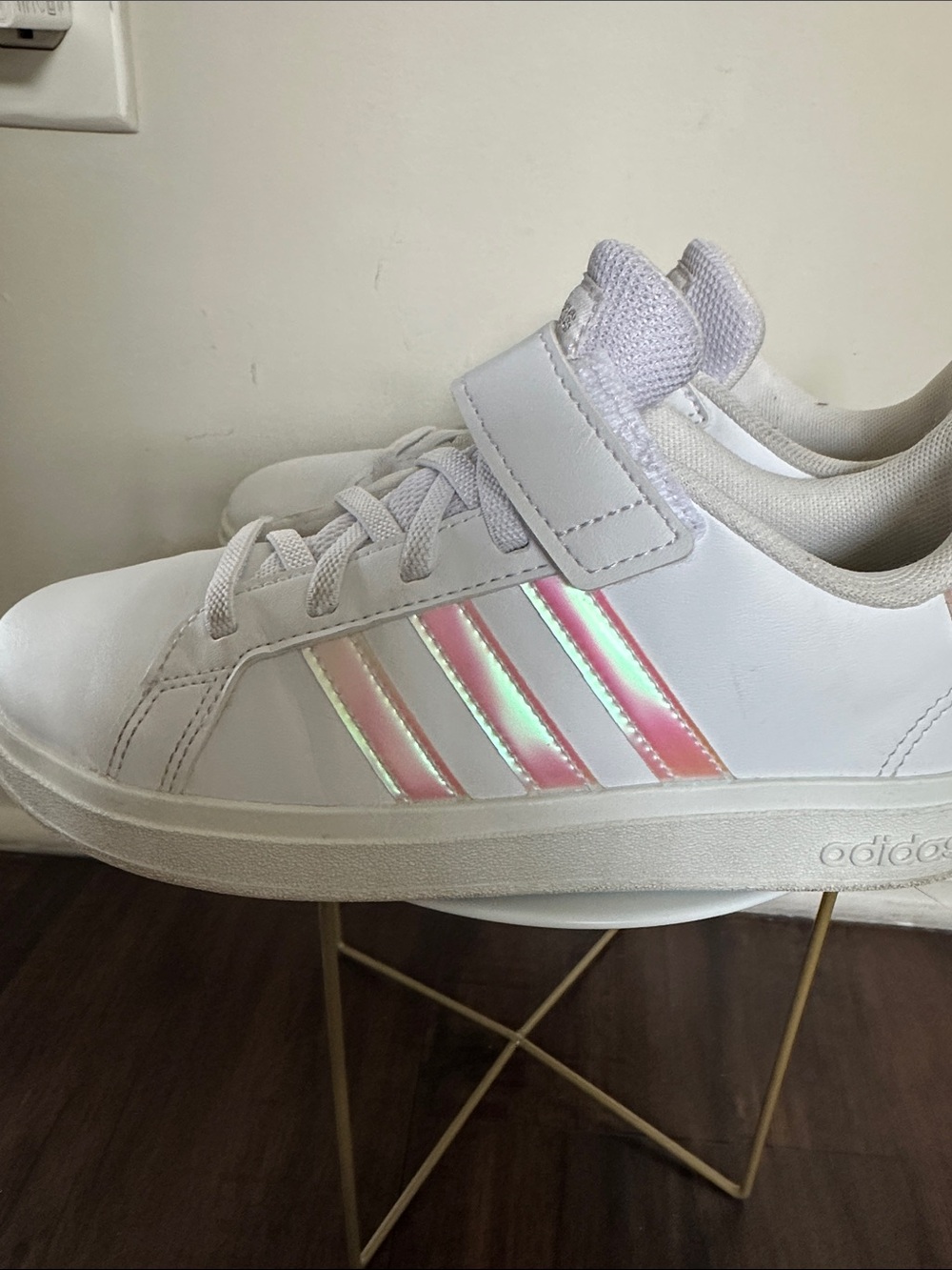 adidas Kids White Sneakers with Iridescent Pink-Orange Stripes - Picture 5 of 7